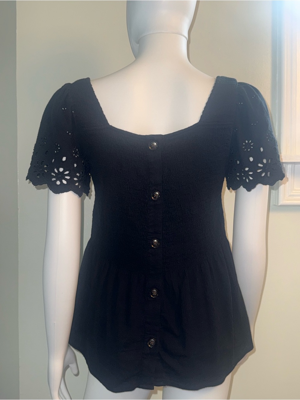 Madewell Black Square-Neck Eyelet Puff Sleeve Peplum Top - Picture 8 of 13
